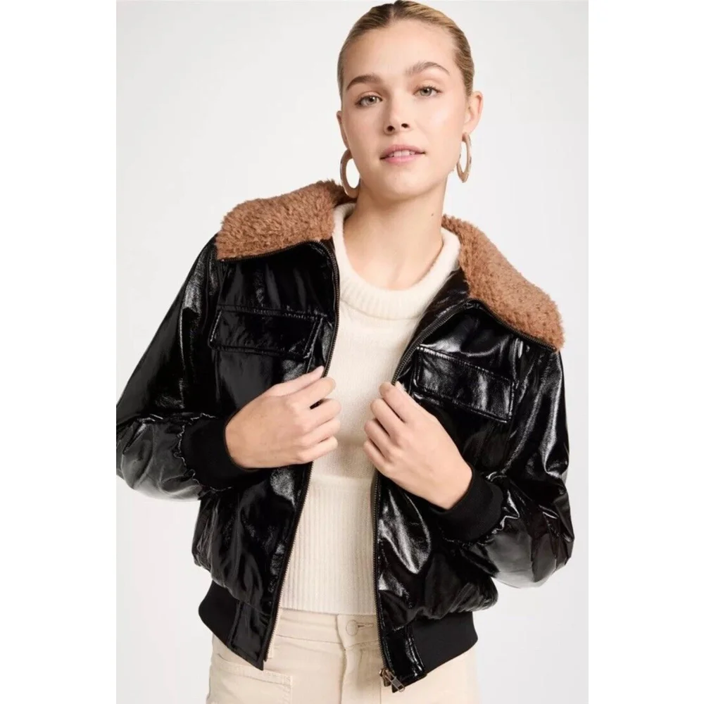 MOTHER Faux Leather Pilot Jacket Don’t Crash Faux Fur Bomber Jacket Black Sz XL